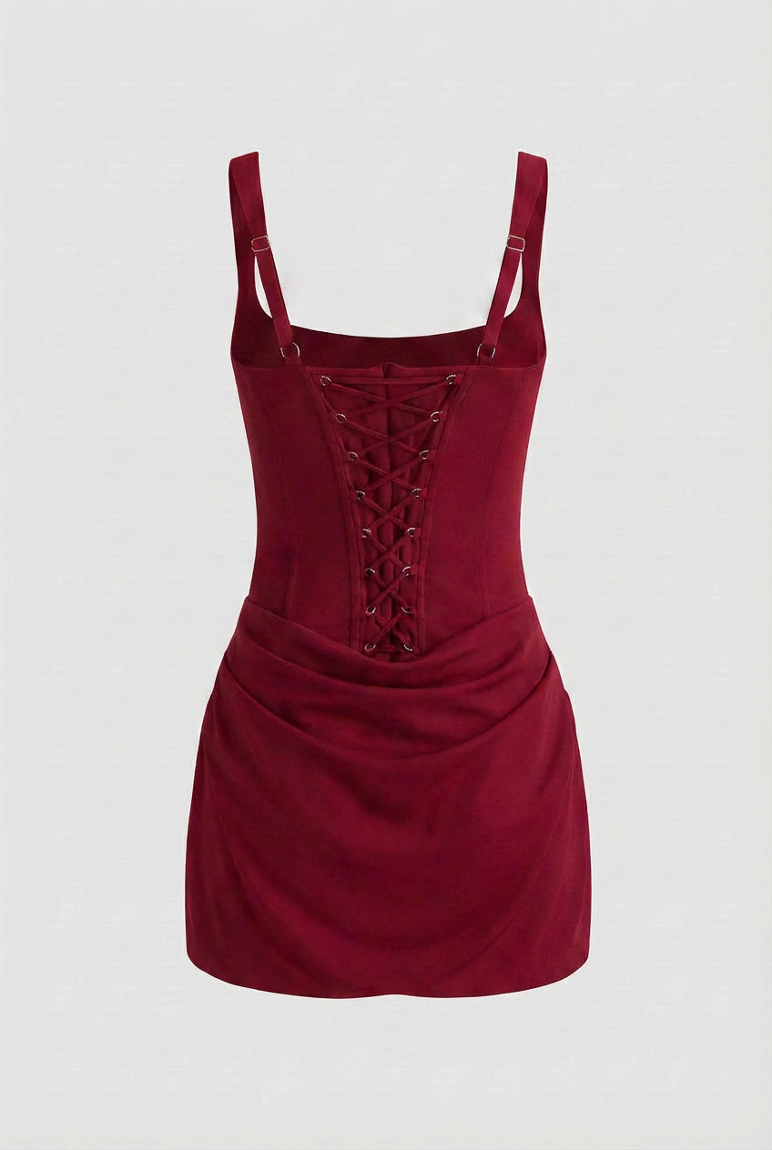 Victoria vibrant red mini dress with corset design by Lumina Wear, featuring a fitted silhouette and stylish details.