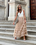 Vintage-inspired black tulle midi skirt by Lumina Wear, featuring a flowing, layered design perfect for elegant outfits.