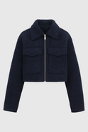 Victoria vintage navy zip jacket with classic lapel from Lumina Wear, showing the stylish navy blue jacket with a front zipper and lapel.