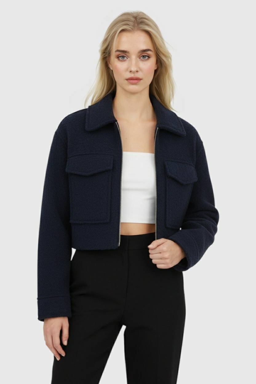 Victoria vintage navy zip jacket with classic lapel by Lumina Wear, displayed on a mannequin in navy blue.