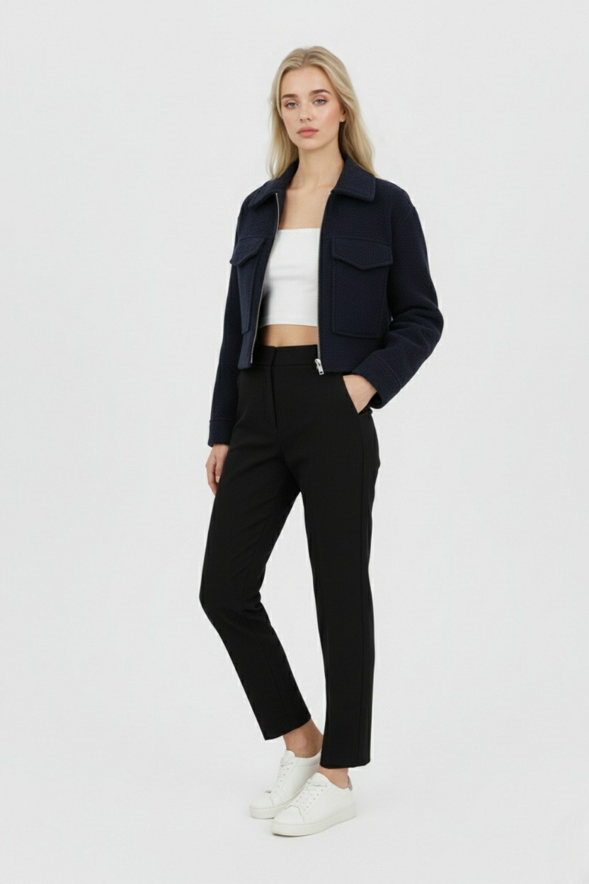 Victoria vintage navy zip jacket with classic lapel by Lumina Wear, featuring a stylish navy blue design and zipper closure.