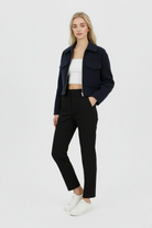 Victoria vintage navy zip jacket with classic lapel by Lumina Wear, featuring a stylish navy blue design and zipper closure.