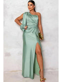 Violet Lumina Wear evening maxi dress with teal accents, flowing fabric, and elegant design, perfect for formal occasions.
