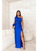 Violet Lumina Wear maxi evening dress in teal, flowing fabric, elegant design for formal occasions.