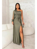 Violet Lumina Wear maxi evening dress in teal with flowing fabric, stylish design, and elegant silhouette for formal occasions.