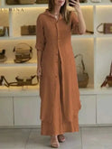 Vivenne luxury two-piece set by Lumina Wear in khaki, featuring stylish spring outfit with top and matching skirt or pants.