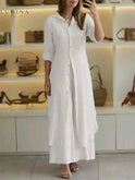 Vivenne luxury two-piece set by Lumina Wear in khaki, featuring a stylish top and matching pants for a chic spring look.