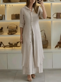 Vivenne luxury two-piece set by Lumina Wear in khaki, featuring stylish spring fashion, displayed on a model.