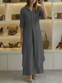 Vivenne luxury two-piece set by Lumina Wear in khaki, featuring a stylish top and matching pants, perfect for spring fashion.