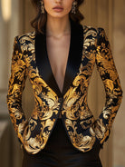 Vivian satin blazer with opulent black and gold baroque floral print by Lumina Wear, featuring tailored fit and luxurious fabric.
