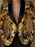 Vivian satin blazer by Lumina Wear featuring black and gold baroque floral print, tailored fit, and elegant design.