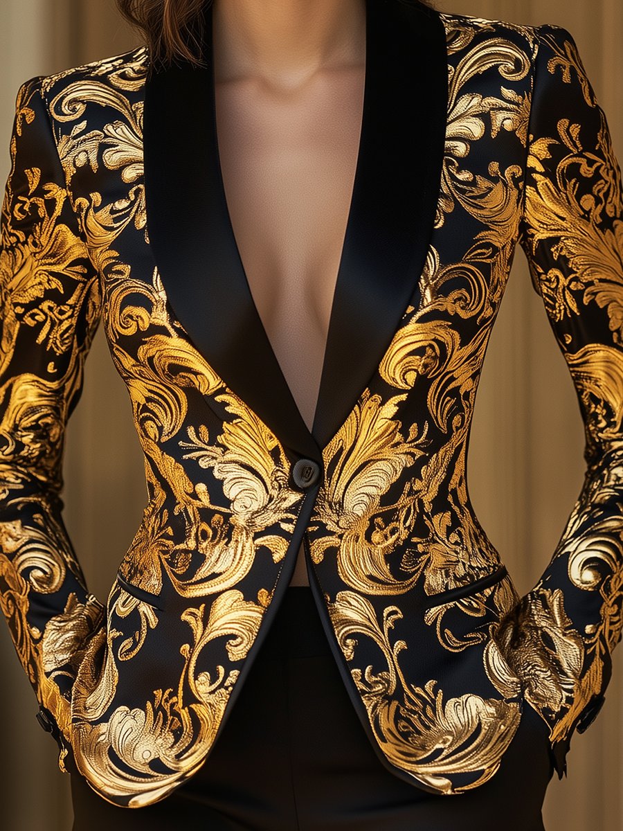 Vivian satin blazer by Lumina Wear featuring black and gold baroque floral print, tailored fit, and elegant design.