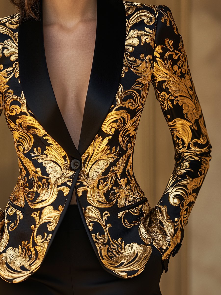 Vivian satin blazer with black and gold baroque floral print by Lumina Wear, featuring elegant, opulent design and tailored fit.