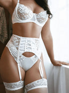 White lace satin mesh push-up lingerie set with three matching pieces from Lumina Vancouver, featuring delicate lace details.