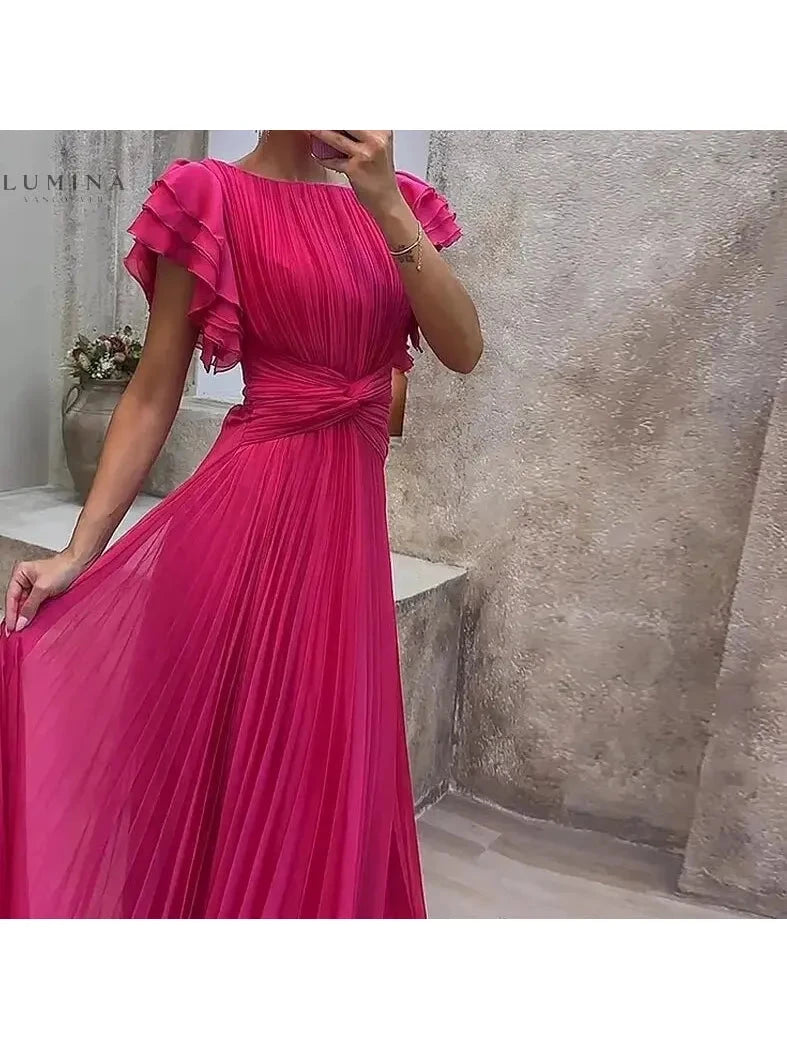 Willow colorful pink evening dress by Lumina Vancouver, perfect for wedding guests, shown on a model.