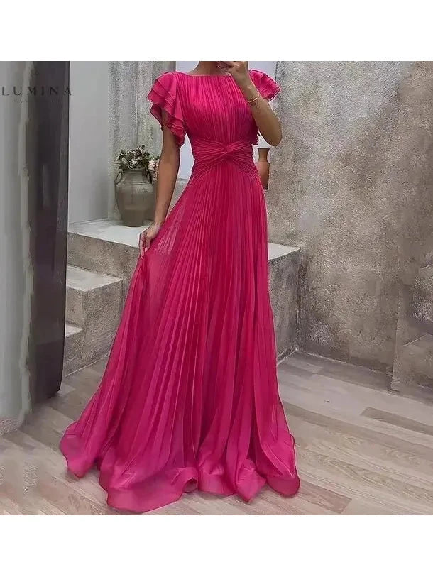 Willow colorful pink evening dress by Lumina Vancouver, perfect for wedding guests, featuring vibrant fabric and elegant design.