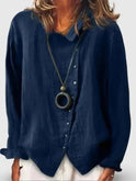 Women’s dark blue cotton casual long blouse by Lumina Wear, featuring a relaxed fit and classic collar style.
