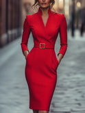 Lumina Wear belted sheath midi dress with mandarin collar in black, featuring a fitted silhouette and stylish design.