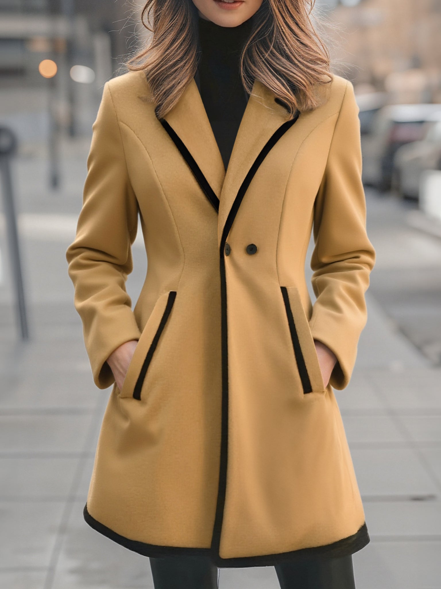 Lumina Wear Briony double-breasted white coat with trim, stylish women's winter coat on a hanger.