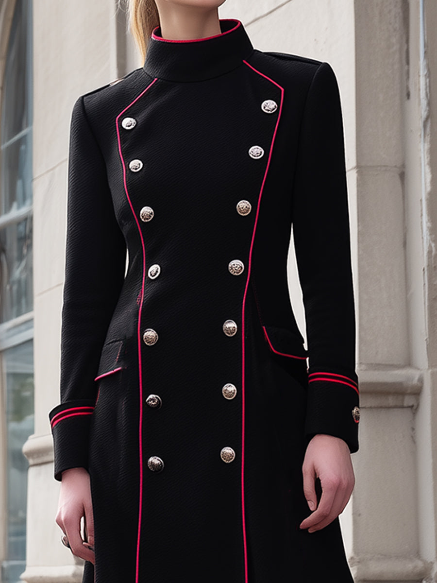 Vivian | Military-Inspired Long Coat with Red Piping - Lumina Vancouver - Lumina Vancouver