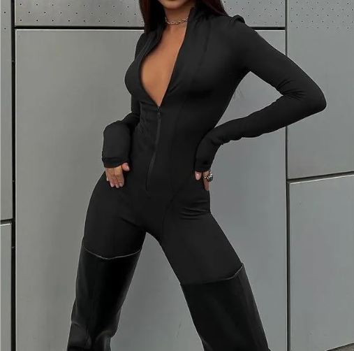 Black Zara Zipper Front Stand Collar Jumpsuit by Lumina Vancouver, featuring a sleek design and tailored fit.