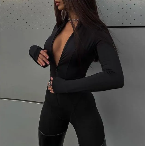 Black Zara Zipper Front Stand Collar Jumpsuit by Lumina Vancouver, featuring a sleek design and fitted silhouette.