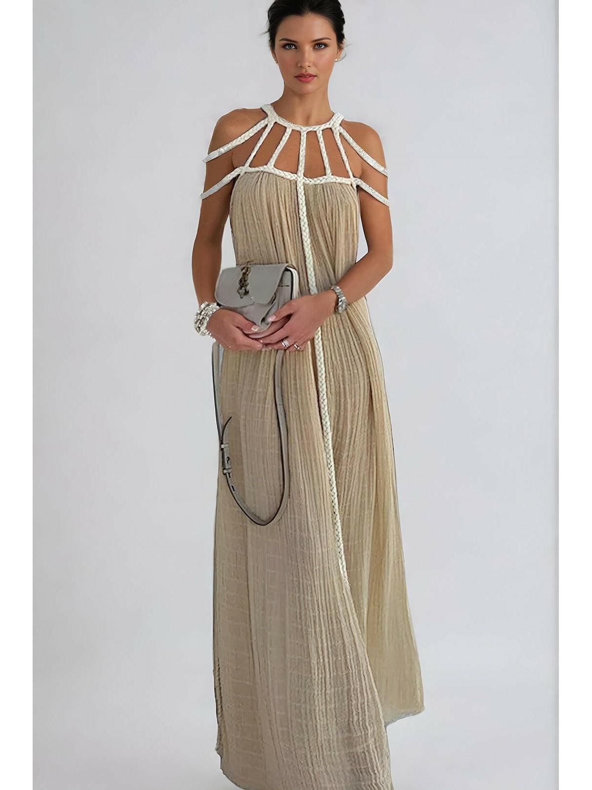 Beige Zeeva™ elegant stylish dress by Lumina Vancouver, one-size, displayed on a hanger with a soft background.