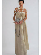 Beige Zeeva™ elegant stylish dress by Lumina Vancouver, one-size, displayed on a hanger with a soft background.
