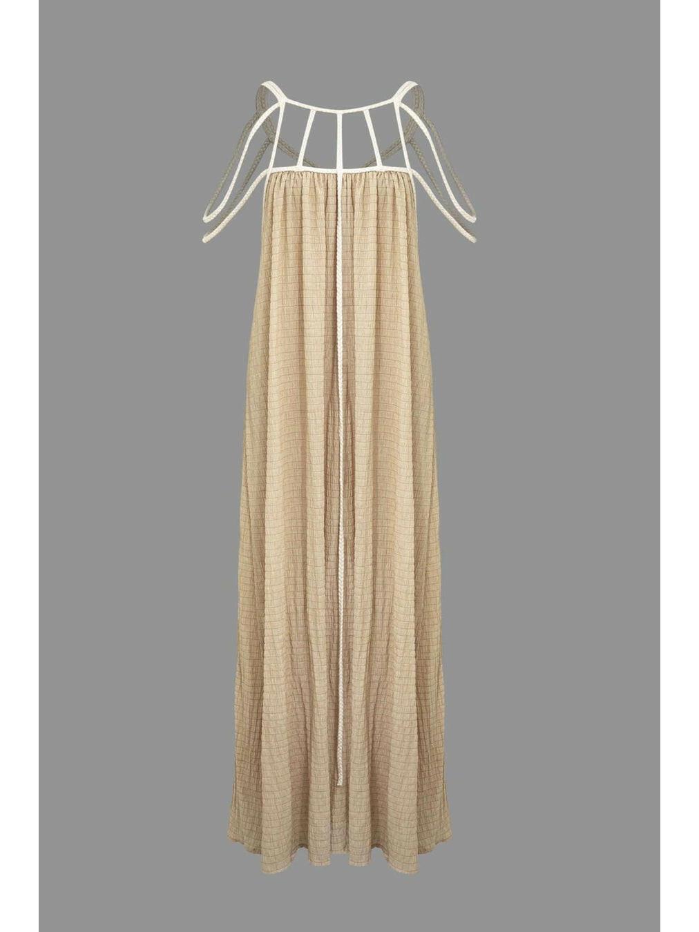Beige Zeeva Elegant Stylish Dress by Lumina Wear, displayed on a mannequin, showcasing its sophisticated design.