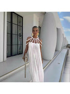Beige Zeeva™ elegant stylish dress by Lumina Vancouver, one-size, displayed on a hanger for sale.